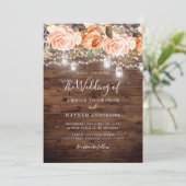 Rustiek Hout Perzik Bloemen Lichten Trouwen Kaart (Staand voorkant)