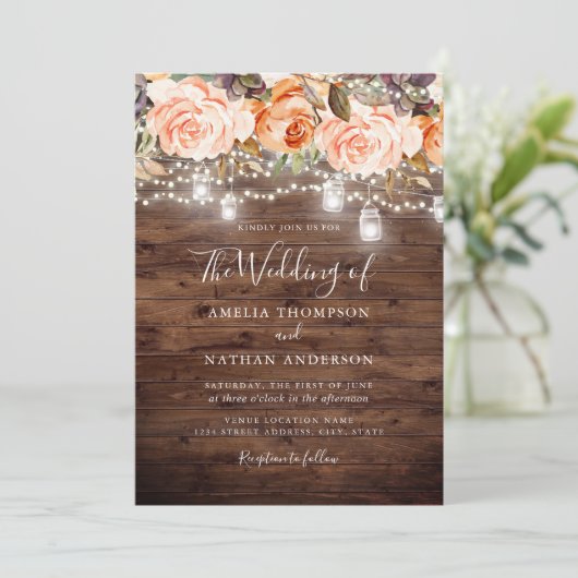 Rustiek Hout Perzik Bloemen Lichten Trouwen Kaart (Staand voorkant)