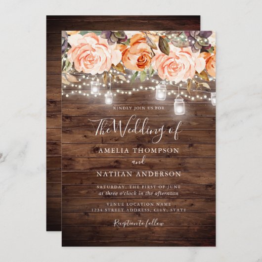 Rustiek Hout Perzik Bloemen Lichten Trouwen Kaart (Voorkant / Achterkant)
