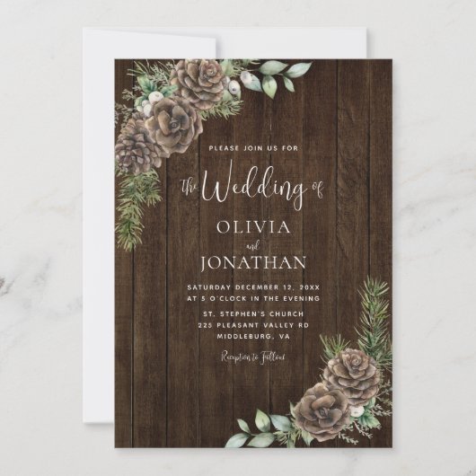 Rustiek Hout Pine Cone Winter Wedding Kaart (Voorkant)