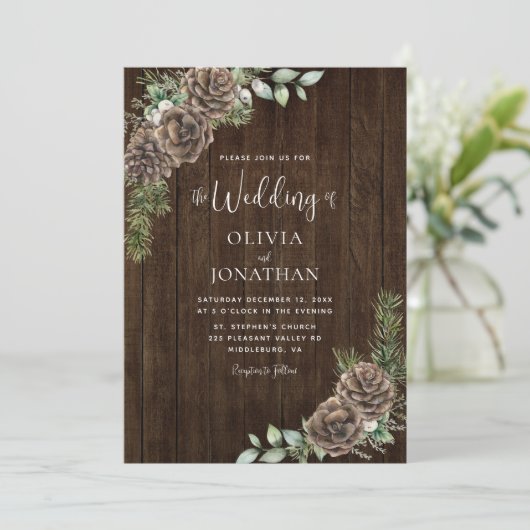 Rustiek Hout Pine Cone Winter Wedding Kaart (Staand voorkant)