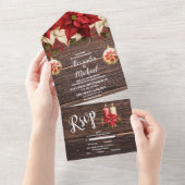 Rustiek hout Poinsettia bloemenkerst bruiloft All In One Uitnodiging (Afscheurbaar)
