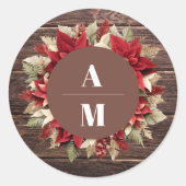 Rustiek hout Poinsettia bloemenkerst bruiloft Ronde Sticker (Voorkant)