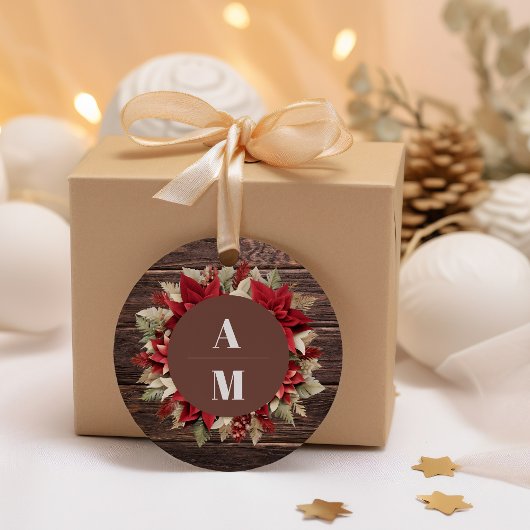 Rustiek hout Poinsettia bloemenkerst bruiloft Ronde Sticker