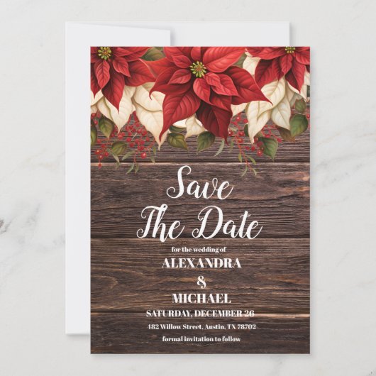 Rustiek hout Poinsettia bloemenkerst bruiloft Save The Date (Voorkant)