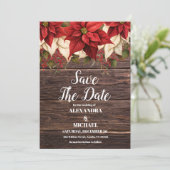Rustiek hout Poinsettia bloemenkerst bruiloft Save The Date (Staand voorkant)