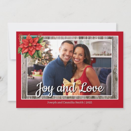 Rustiek Hout Poinsettia Rood Familie Foto Feestdagenkaart (Voorkant)