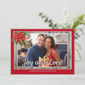 Rustiek Hout Poinsettia Rood Familie Foto Feestdagenkaart (Staand voorkant)