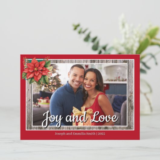 Rustiek Hout Poinsettia Rood Familie Foto Feestdagenkaart (Staand voorkant)