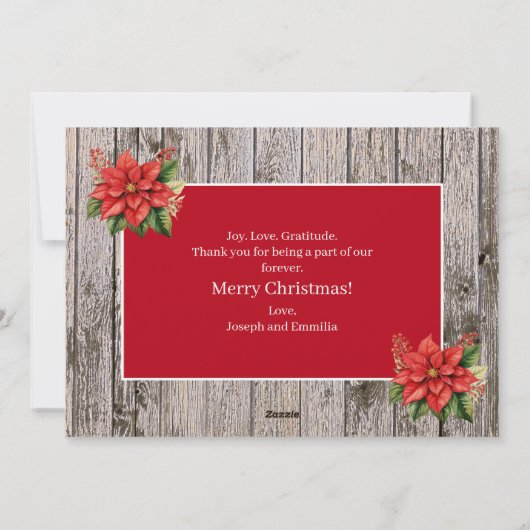 Rustiek Hout Poinsettia Rood Familie Foto Feestdagenkaart (Achterkant)