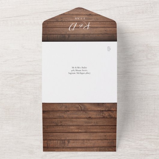 Rustiek Hout QR Code Monogram Bloemen Bruiloft All In One Uitnodiging (Buitenkant)