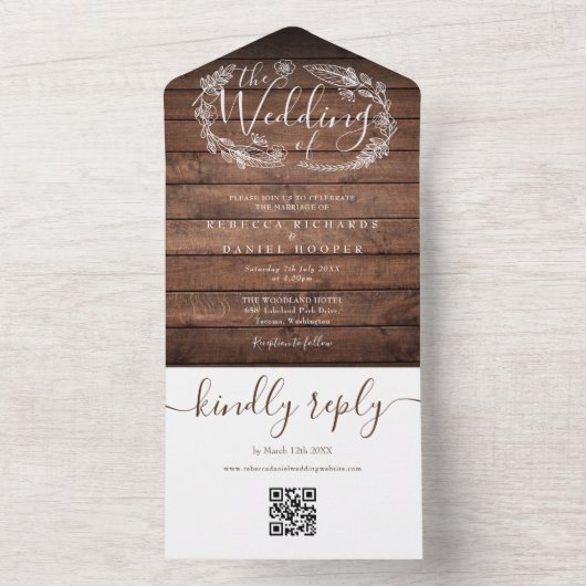 Rustiek Hout QR Code Monogram Bloemen Bruiloft All In One Uitnodiging (Binnen)