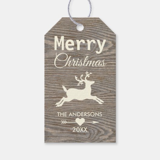 Rustiek Hout Rendier Beige Vrolijk Kerstfeest Cadeaulabel (Voorkant)