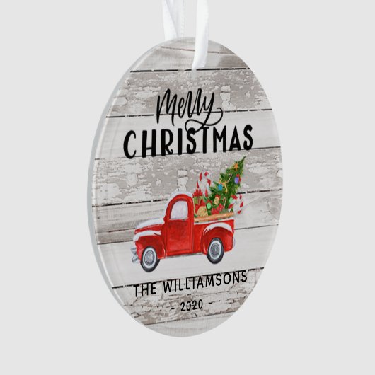 Rustiek Hout  Rode Vrachtwagen Custom Christmas Ornament (voorkant)