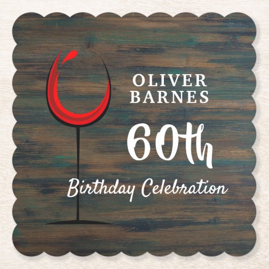 Rustiek Hout Rode Wijn 60e Verjaardagsfeestje Kartonnen Onderzetters (Voorkant)