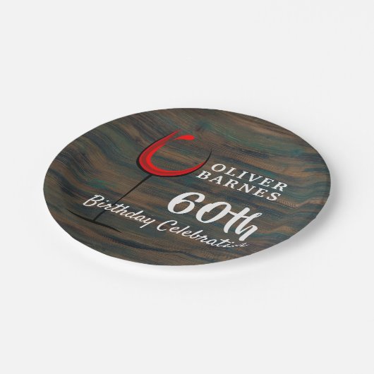 Rustiek Hout Rode Wijn 60e Verjaardagsfeestje Papieren Bordje (Gekanteld)