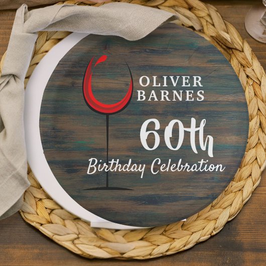 Rustiek Hout Rode Wijn 60e Verjaardagsfeestje Papieren Bordje
