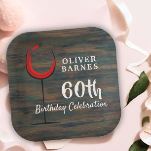 Rustiek Hout Rode Wijn 60e Verjaardagsfeestje Papieren Bordje