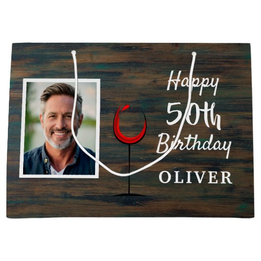 Rustiek Hout Rode Wijn Glas 50e Verjaardag Foto Groot Cadeauzakje (Voorkant)