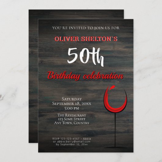 Rustiek Hout Rode Wijn Glas 50ste Verjaardag Party Kaart (Voorkant / Achterkant)