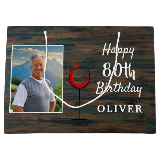 Rustiek Hout Rode Wijn Glas 80e Verjaardag Foto Groot Cadeauzakje (Voorkant)