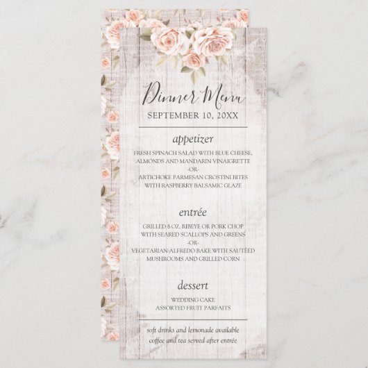 Rustiek Hout Romantisch Shabby Rozen Bruiloft Menu (Voorkant / Achterkant)