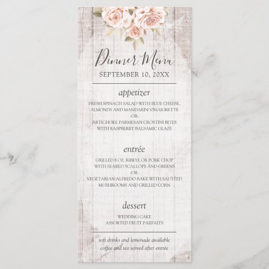 Rustiek Hout Romantisch Shabby Rozen Bruiloft Menu (Voorkant)