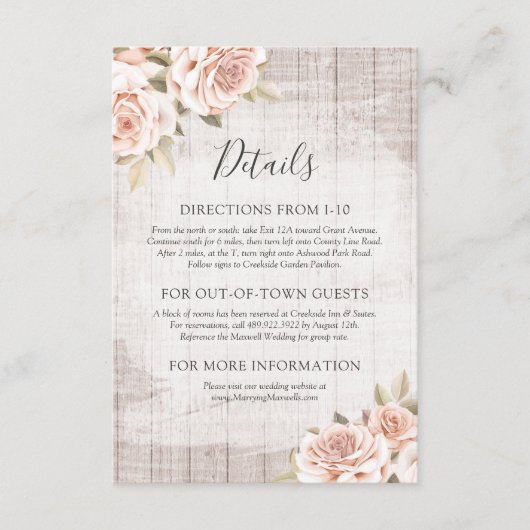 Rustiek Hout & Romantische Rozen Details / Routebe Informatiekaartje (Voorkant)