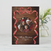 Rustiek Hout Rood Lint Foto Vrolijk Kerstmis Kaart (Staand voorkant)