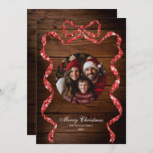 Rustiek Hout Rood Lint Foto Vrolijk Kerstmis Kaart (Voorkant / Achterkant)