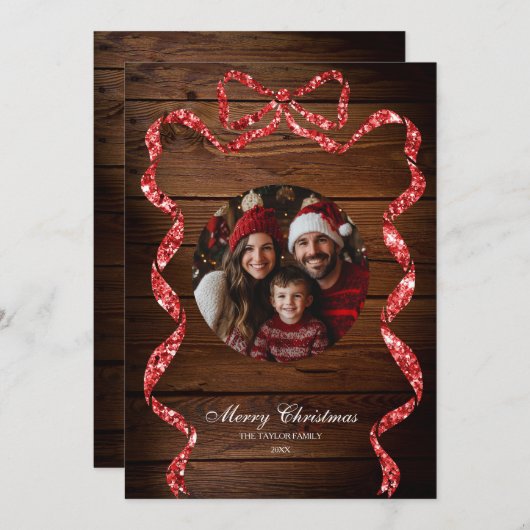 Rustiek Hout Rood Lint Foto Vrolijk Kerstmis Kaart (Voorkant / Achterkant)