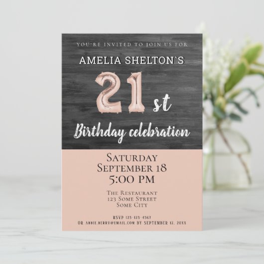 Rustiek Hout Roze Ballon 21ste Verjaardagsfeest Kaart (Staand voorkant)