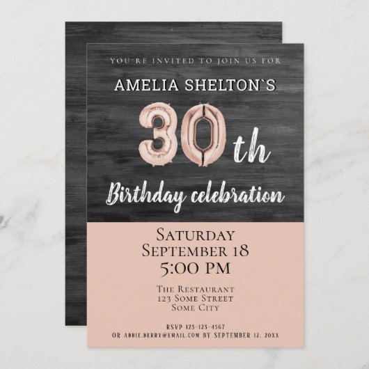 Rustiek Hout Roze Ballon 30e Verjaardagsfeestje Kaart (Voorkant / Achterkant)