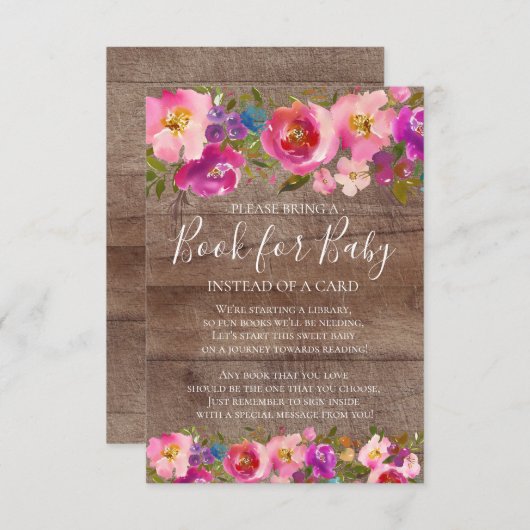 Rustiek Hout Roze Bloemen Baby shower Boek voor Ba Informatiekaartje (Voorkant / Achterkant)