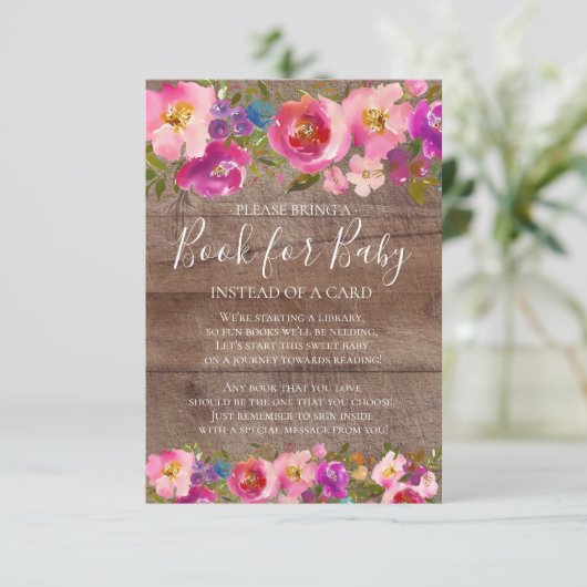 Rustiek Hout Roze Bloemen Baby shower Boek voor Ba Informatiekaartje (Staand voorkant)