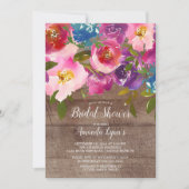Rustiek Hout Roze Bloemen Bruids Douche Uitnodigin Kaart (Voorkant)