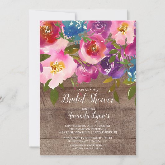 Rustiek Hout Roze Bloemen Bruids Douche Uitnodigin Kaart (Voorkant)