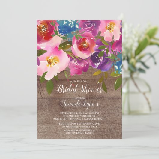 Rustiek Hout Roze Bloemen Bruids Douche Uitnodigin Kaart (Staand voorkant)