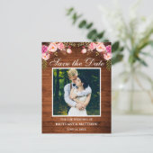 Rustiek Hout Roze Bloemen Foto Save the Date Briefkaart (Staand voorkant)