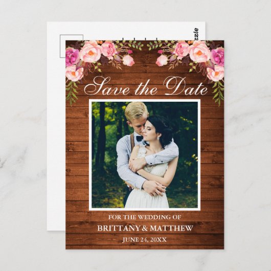 Rustiek Hout Roze Bloemen Foto Save the Date Briefkaart (Voorkant / Achterkant)