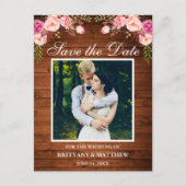 Rustiek Hout Roze Bloemen Foto Save the Date Briefkaart (Voorkant)