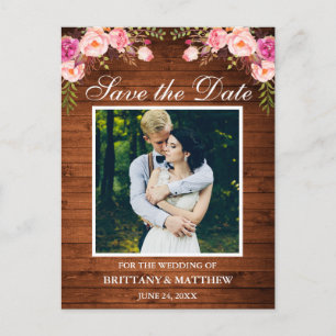 Rustiek Hout Roze Bloemen Foto Save the Date Briefkaart