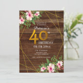Rustiek Hout Roze Bloemen Gouden Glitter 40e Verja Kaart (Staand voorkant)