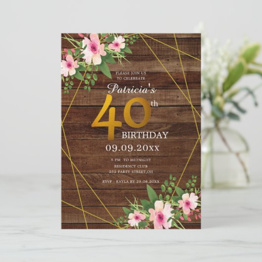 Rustiek Hout Roze Bloemen Gouden Glitter 40e Verja Kaart (Staand voorkant)