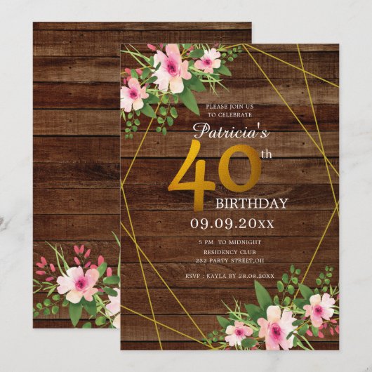 Rustiek Hout Roze Bloemen Gouden Glitter 40e Verja Kaart (Voorkant / Achterkant)