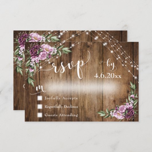 Rustiek Hout, Roze Bloemen & Lichten w / Typografi RSVP Kaartje (Voorkant / Achterkant)