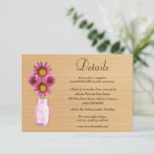 Rustiek Hout Roze Bloemen Mason Jar Bruiloft Detai Informatiekaartje (Staand voorkant)