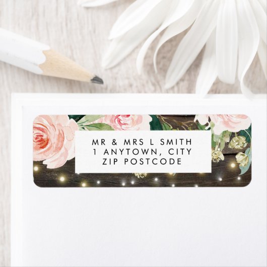 Rustiek hout roze bloemen retour adres label (Insitu)