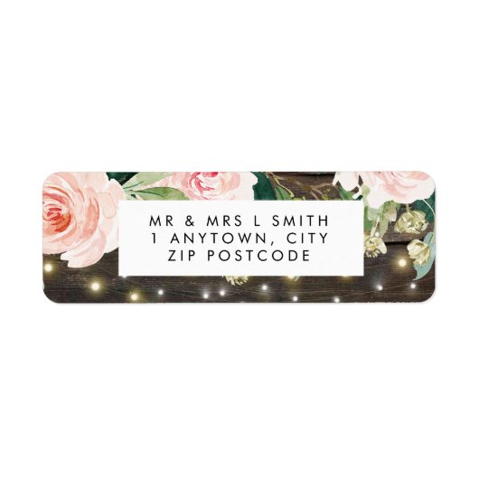 Rustiek hout roze bloemen retour adres label (Voorkant)