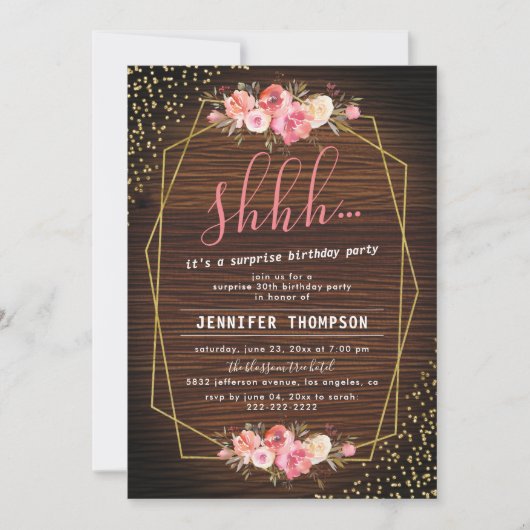 Rustiek Hout Roze Bloemen Verrassing Verjaardagsfe Kaart (Voorkant)